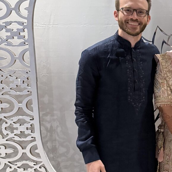 Navy Blue Thread-Embroidered Festive Kurta In Silk - Picture 2 of 3